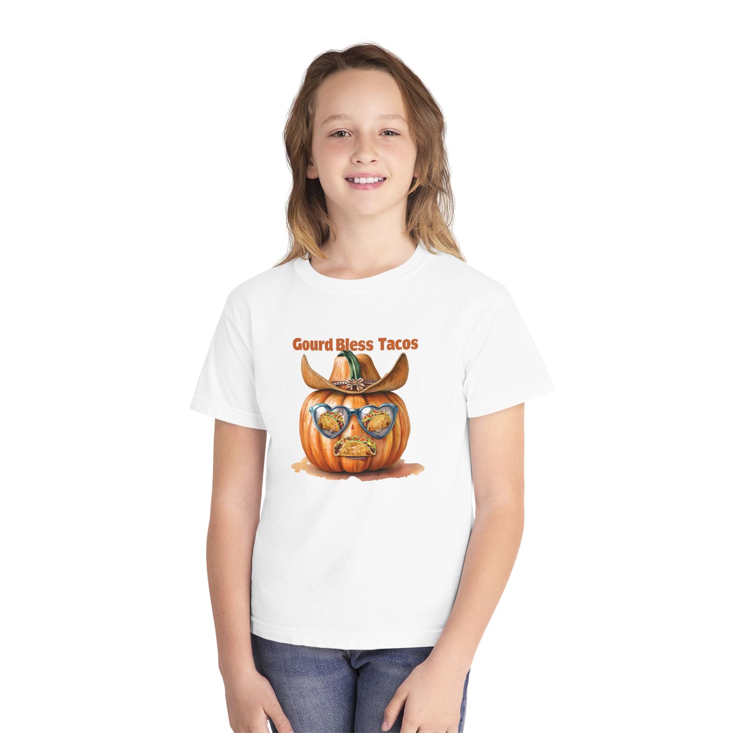 Whimsical Fall Youth Tee - Gourd Bless Tacos, Halloween Shirt, Kids Autumn Apparel, Thanksgiving Humor Top, Funny Seasonal Gift