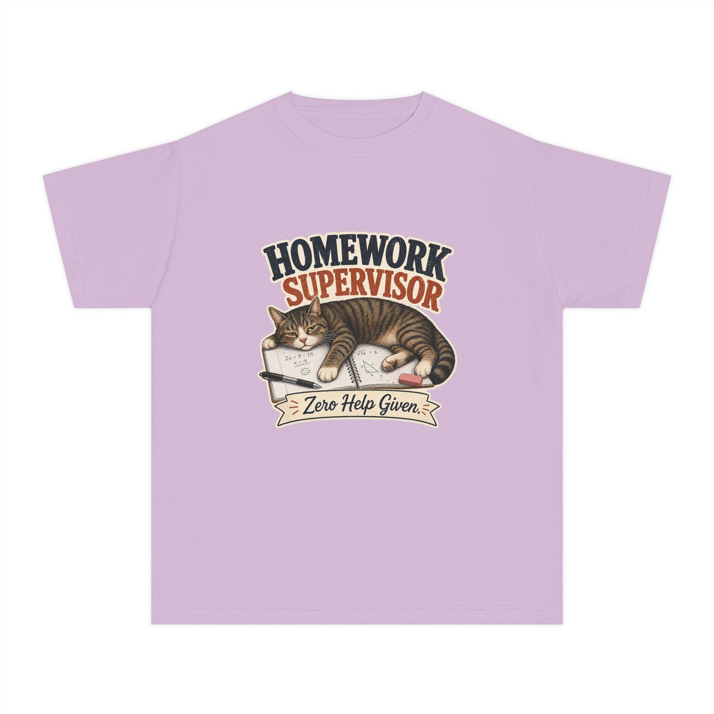 Homework Supervisor Cat Youth Tee | "Zero Help Given" retro kitten design