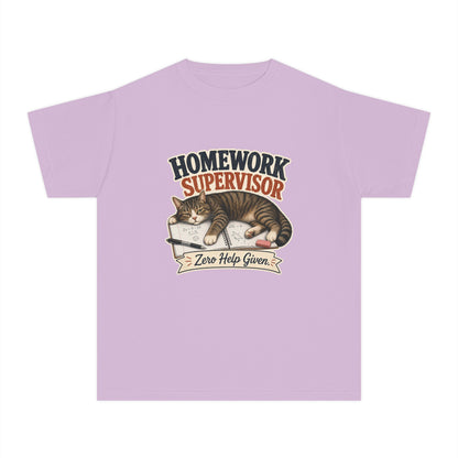 Homework Supervisor Cat Youth Tee | "Zero Help Given" retro kitten design