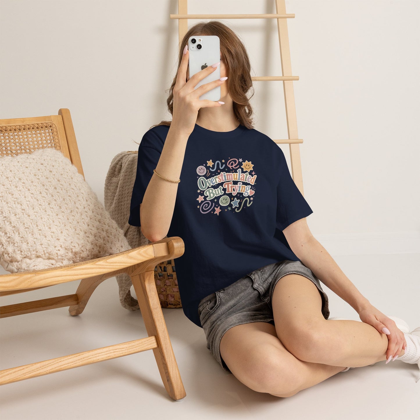 Overstimulated But Trying tee | Funny Mental Health Shirt, Cute Retro Doodles