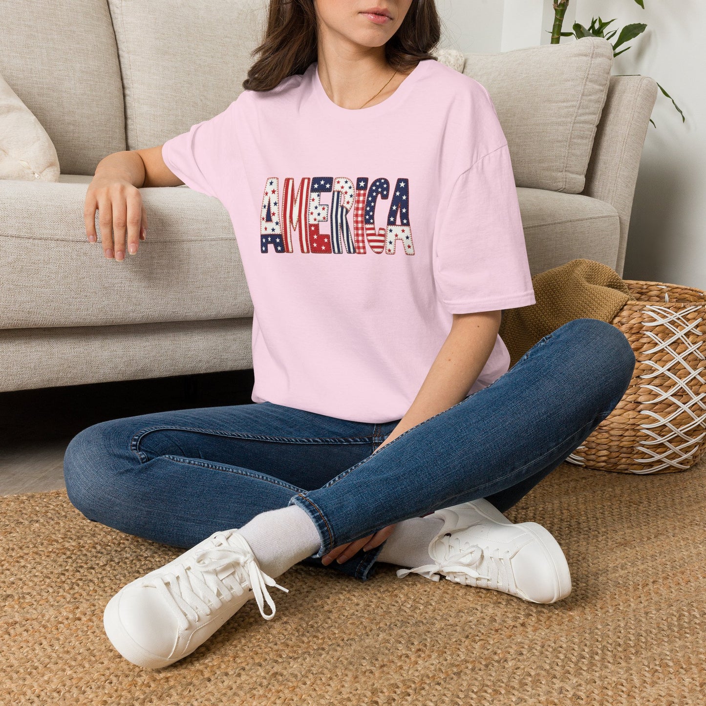 American Flag Patchwork Style Letters T-Shirt | Patriotic Fourth of July Tee