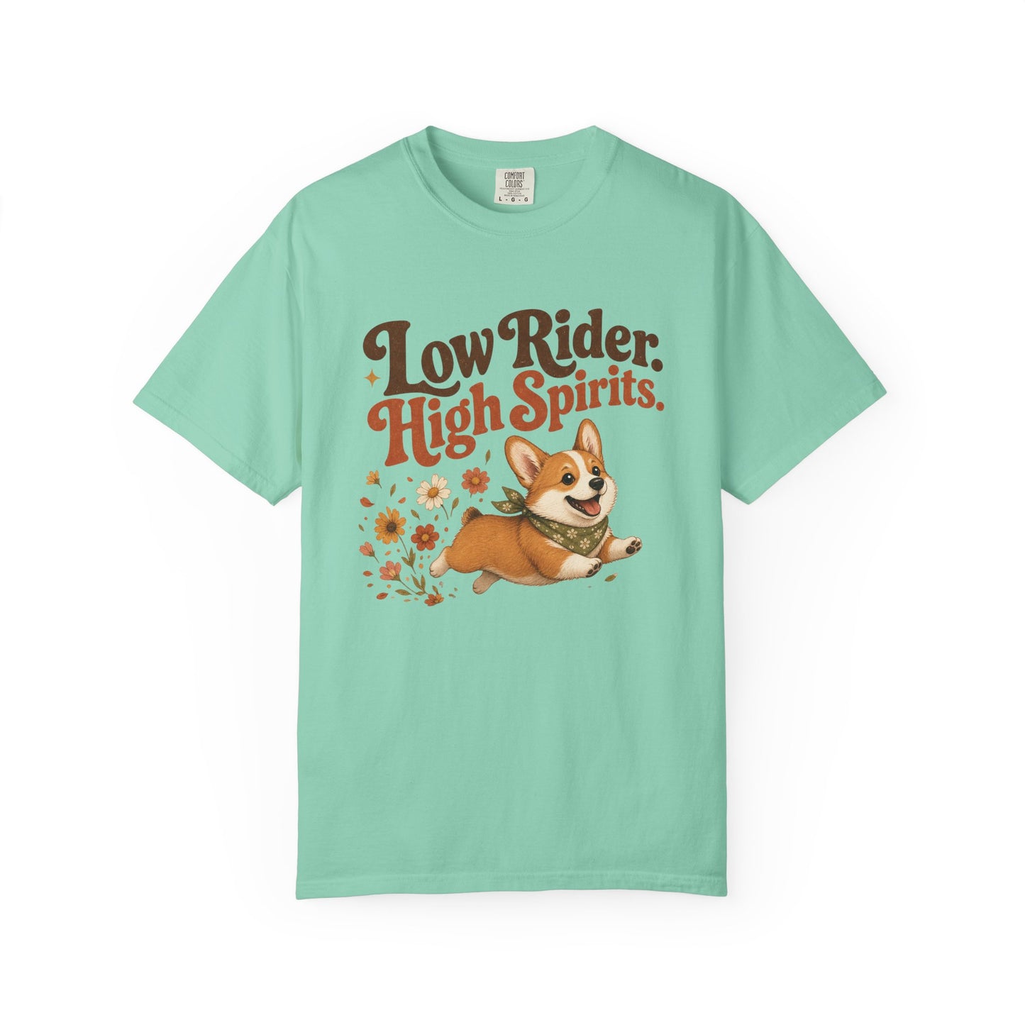 Low Rider High Spirits Corgi T-Shirt | Running Corgi Illustration, Autumn Leaves