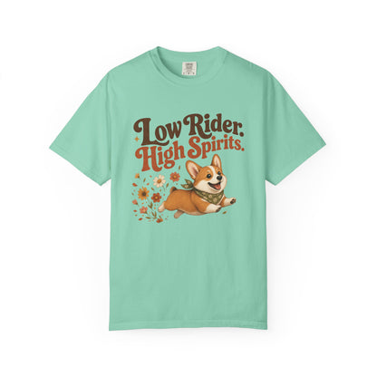 Low Rider High Spirits Corgi T-Shirt | Running Corgi Illustration, Autumn Leaves
