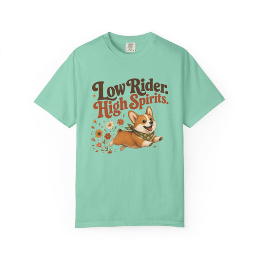 Low Rider High Spirits Corgi T-Shirt | Running Corgi Illustration, Autumn Leaves