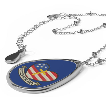 American Flag Heart with Cross Oval Necklace | Blessed to Be Free pendant
