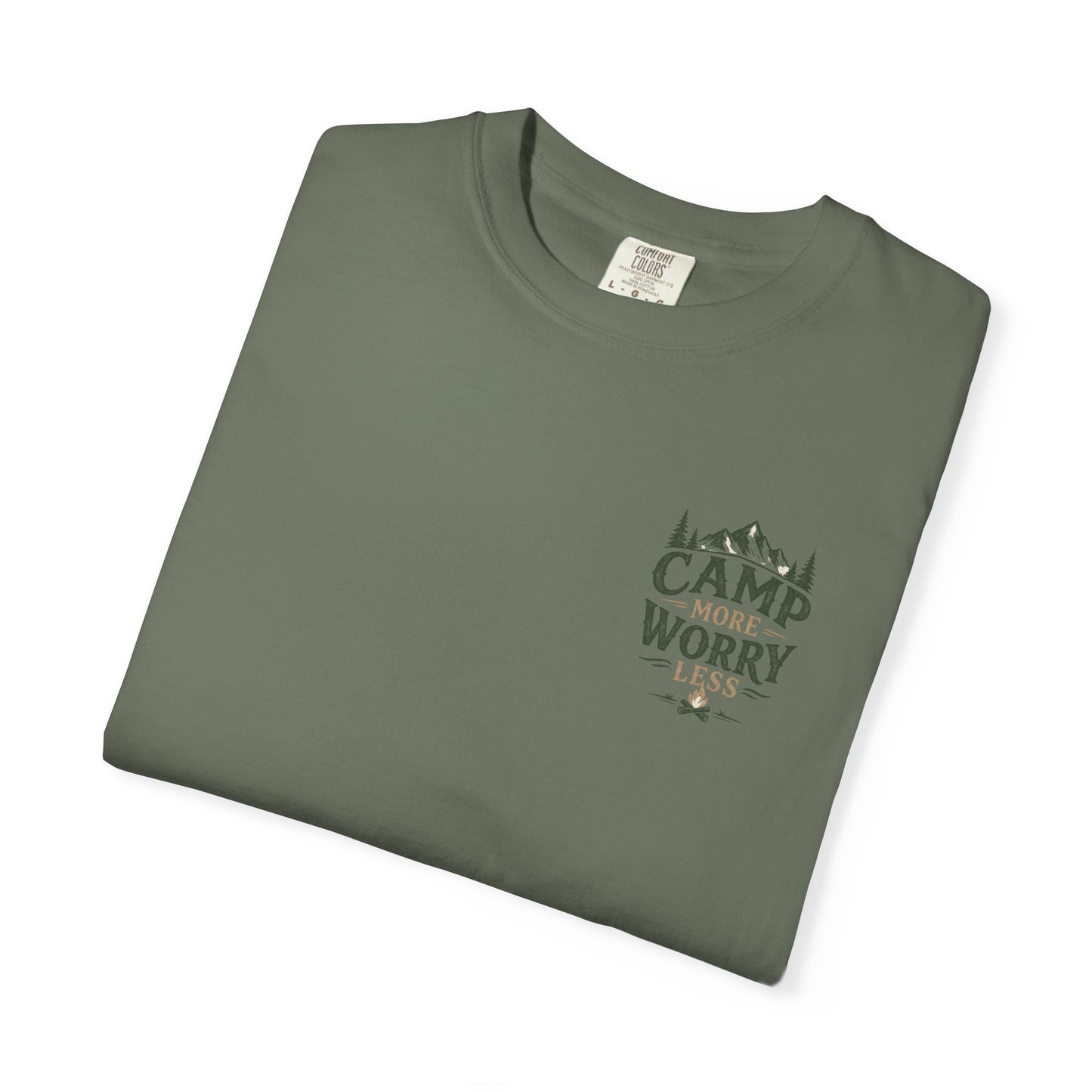 Camp More Worry Less T-shirt | Camping Mountains Pine Trees Design