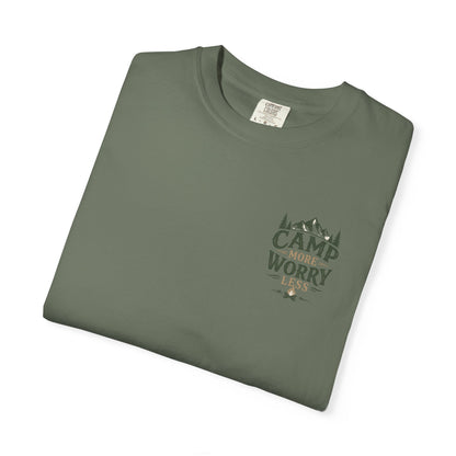 Camp More Worry Less T-shirt | Camping Mountains Pine Trees Design
