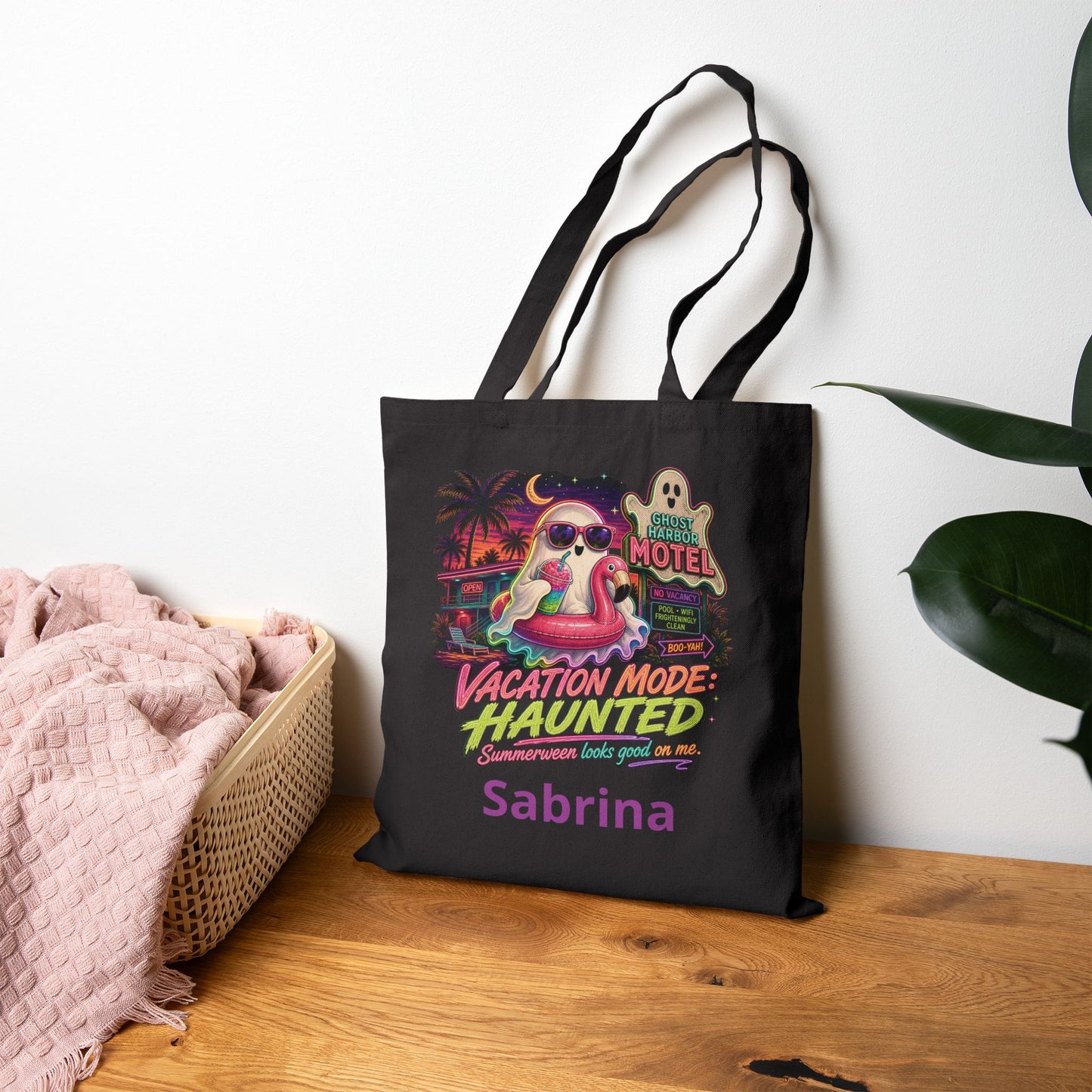 Vacation Mode Haunted Tote Bag | Retro Ghost Motel Beach Illustration