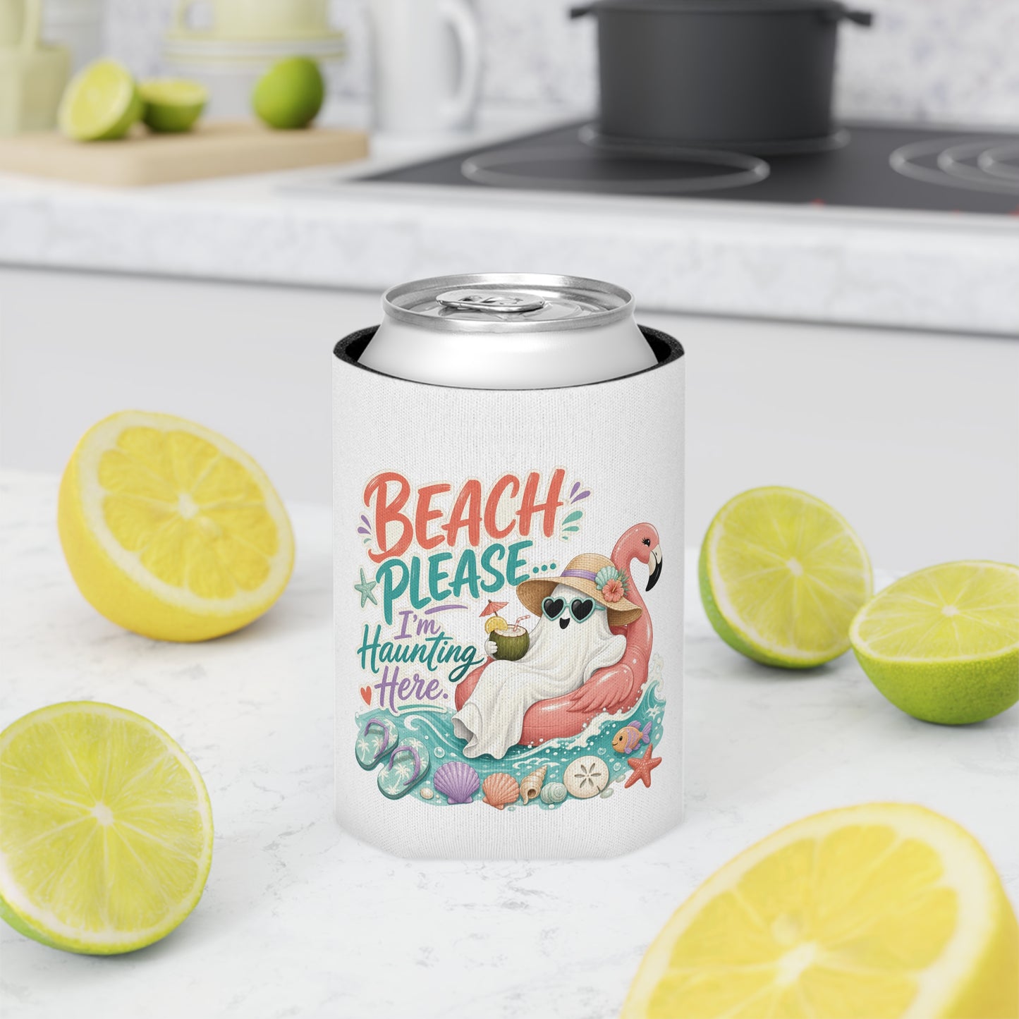 Beach Please Ghost Flamingo Can Cooler | Summer Beach Drink Sleeve