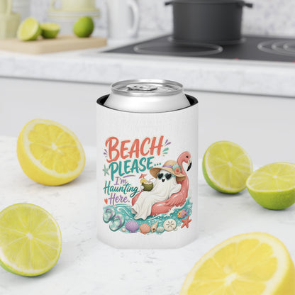 Beach Please Ghost Flamingo Can Cooler | Summer Beach Drink Sleeve