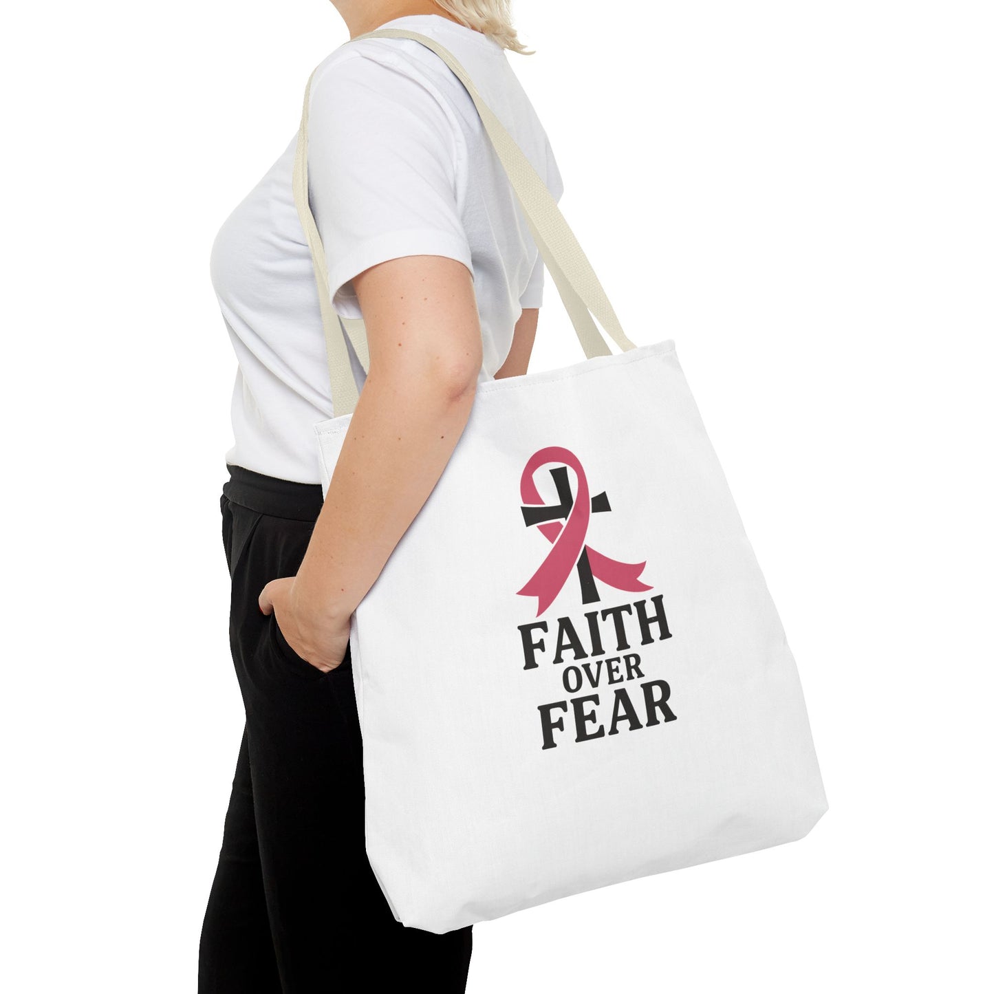 Faith Over Fear Tote Bag, Inspirational Gift for Cancer Awareness, Motivational Tote, Breast Cancer Support, Daily Use Bag