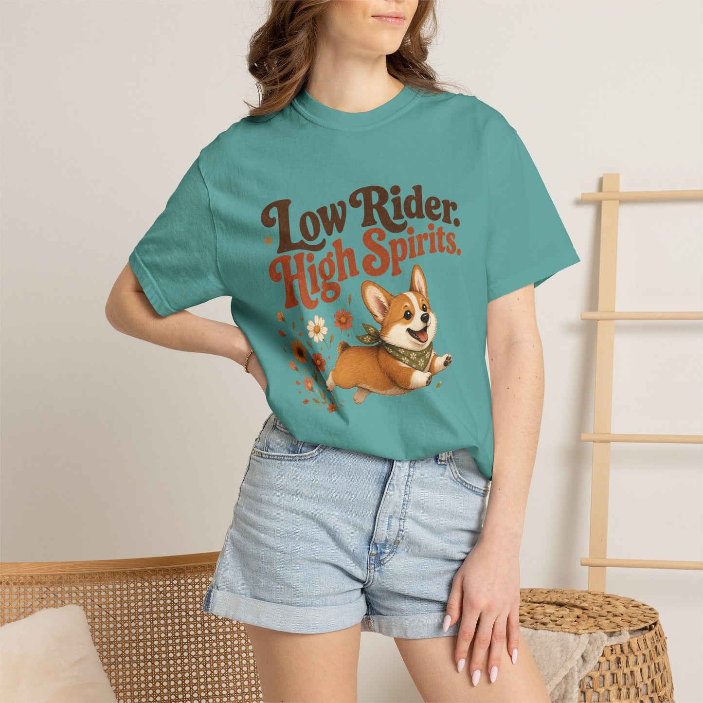 Low Rider High Spirits Corgi T-Shirt | Running Corgi Illustration, Autumn Leaves