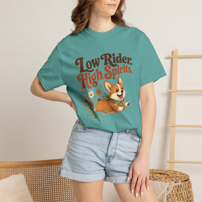 Low Rider High Spirits Corgi T-Shirt | Running Corgi Illustration, Autumn Leaves