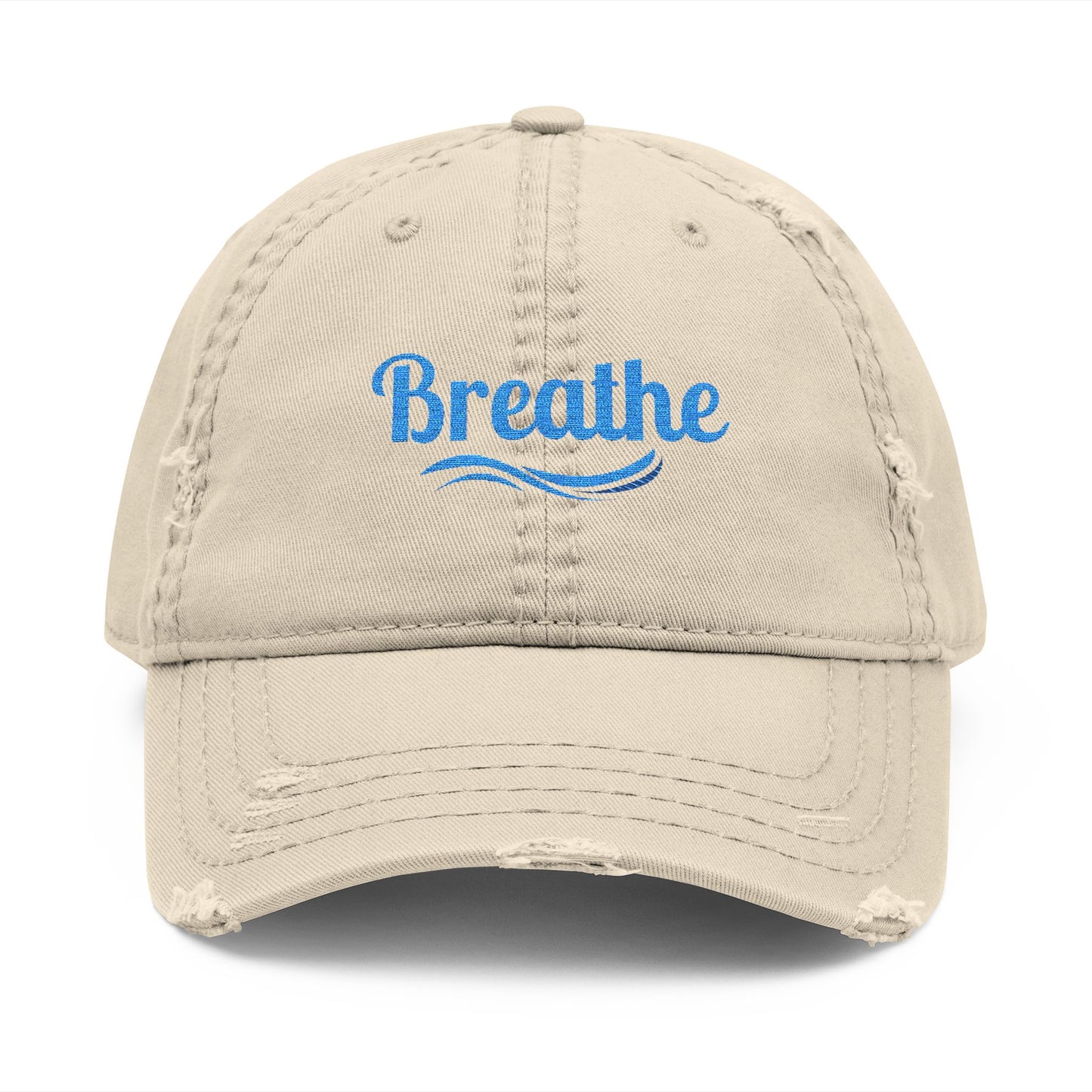 Embroidered "Breathe" Distressed Hat, Mental Health Motivation, Unisex Baseball Cap, Distressed Design, Breathable Headwear