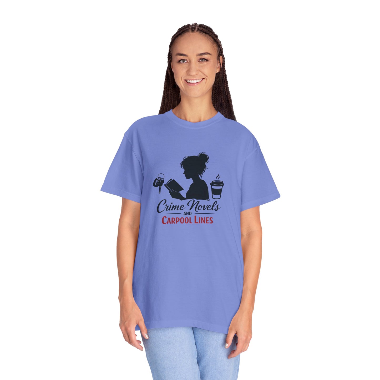 Crime Novels and Carpool Lines T-shirt | Reading Mom Silhouette, Coffee Graphic