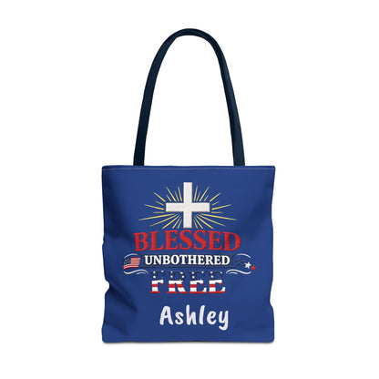 Blessed Unbothered Free Cross tote bag | patriotic faith design