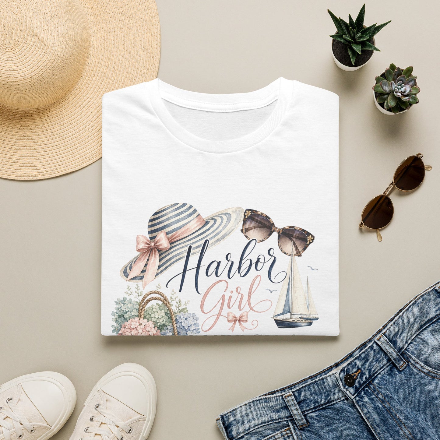 Harbor Girl illustration T-Shirt | Nautical hat, sailboat, seashells