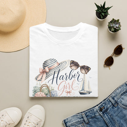Harbor Girl illustration T-Shirt | Nautical hat, sailboat, seashells