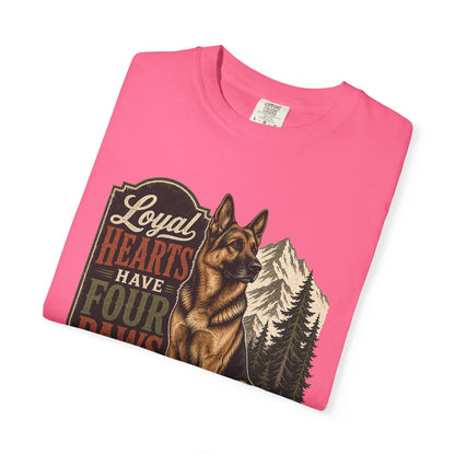 Loyal Hearts Have Four Paws German Shepherd T-shirt | Mountain Forest Dog Design