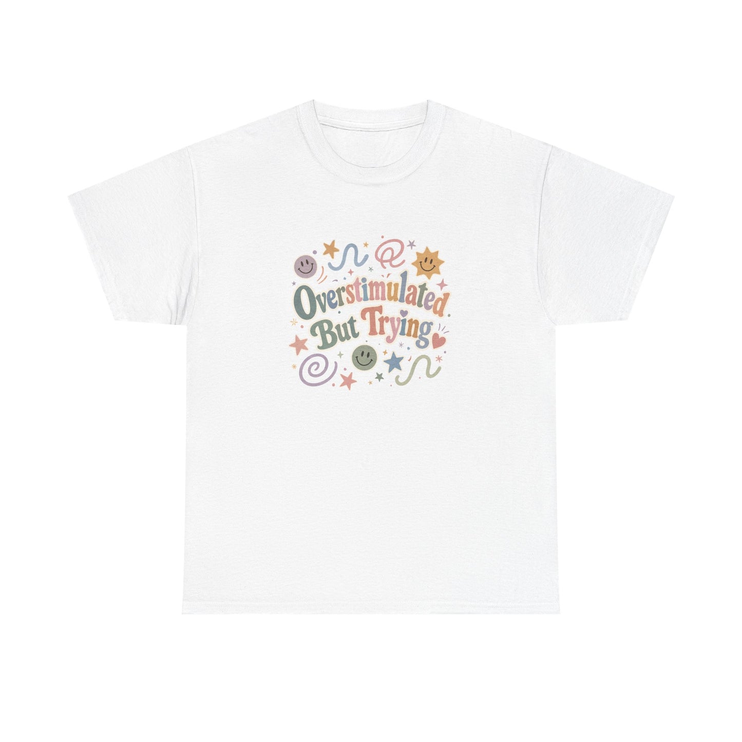Overstimulated But Trying tee | Funny Mental Health Shirt, Cute Retro Doodles
