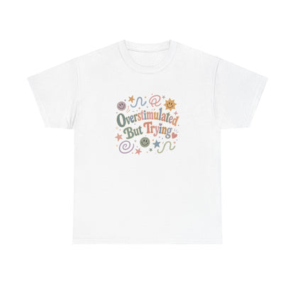 Overstimulated But Trying tee | Funny Mental Health Shirt, Cute Retro Doodles