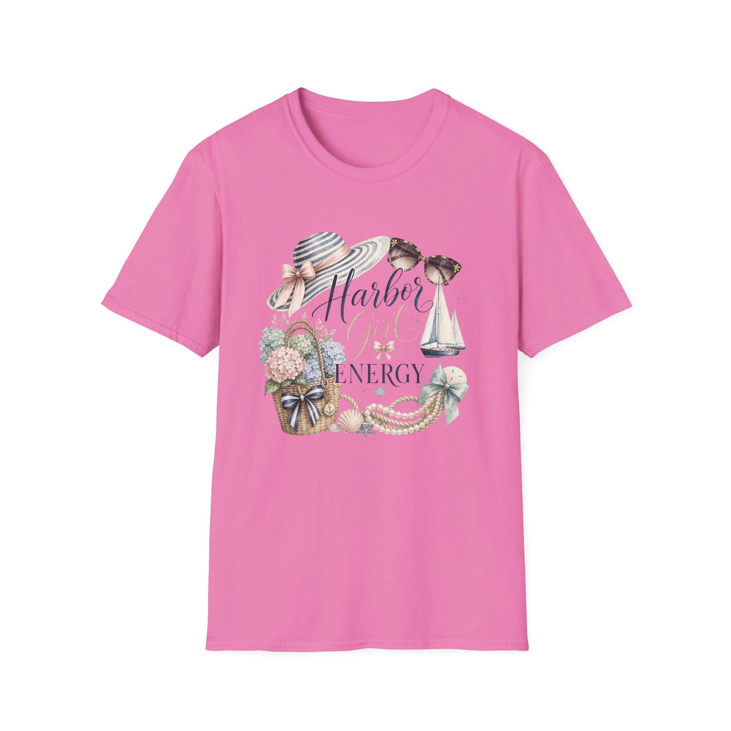 Harbor Girl illustration T-Shirt | Nautical hat, sailboat, seashells