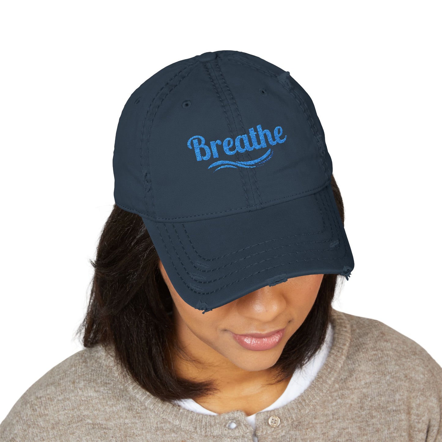 Embroidered "Breathe" Distressed Hat, Mental Health Motivation, Unisex Baseball Cap, Distressed Design, Breathable Headwear
