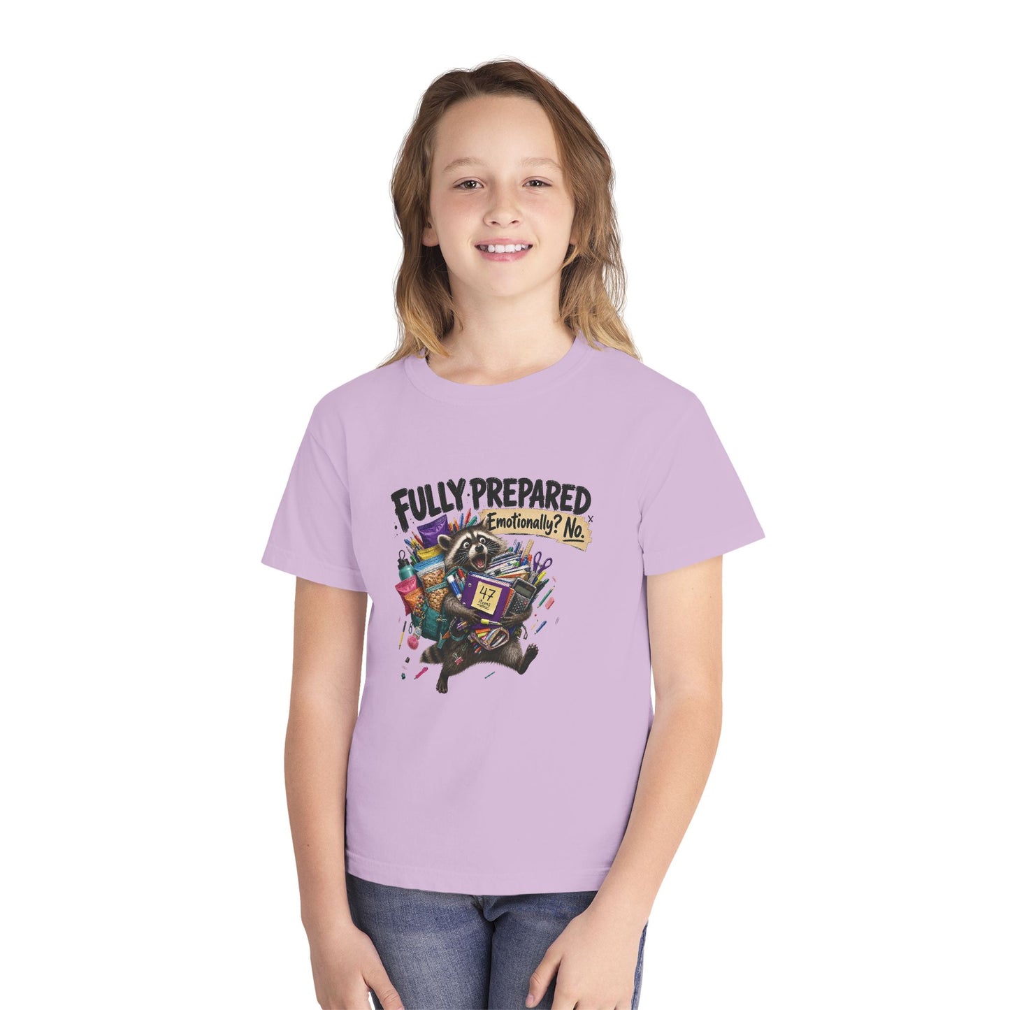 Fully Prepared Raccoon Supplies T-Shirt | Funny Back-to-School Kids Tee