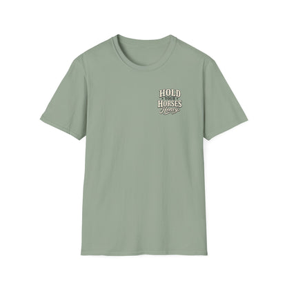 Hold Your Horses Honey T-Shirt | Retro Western Script, Chest & Back Graphic