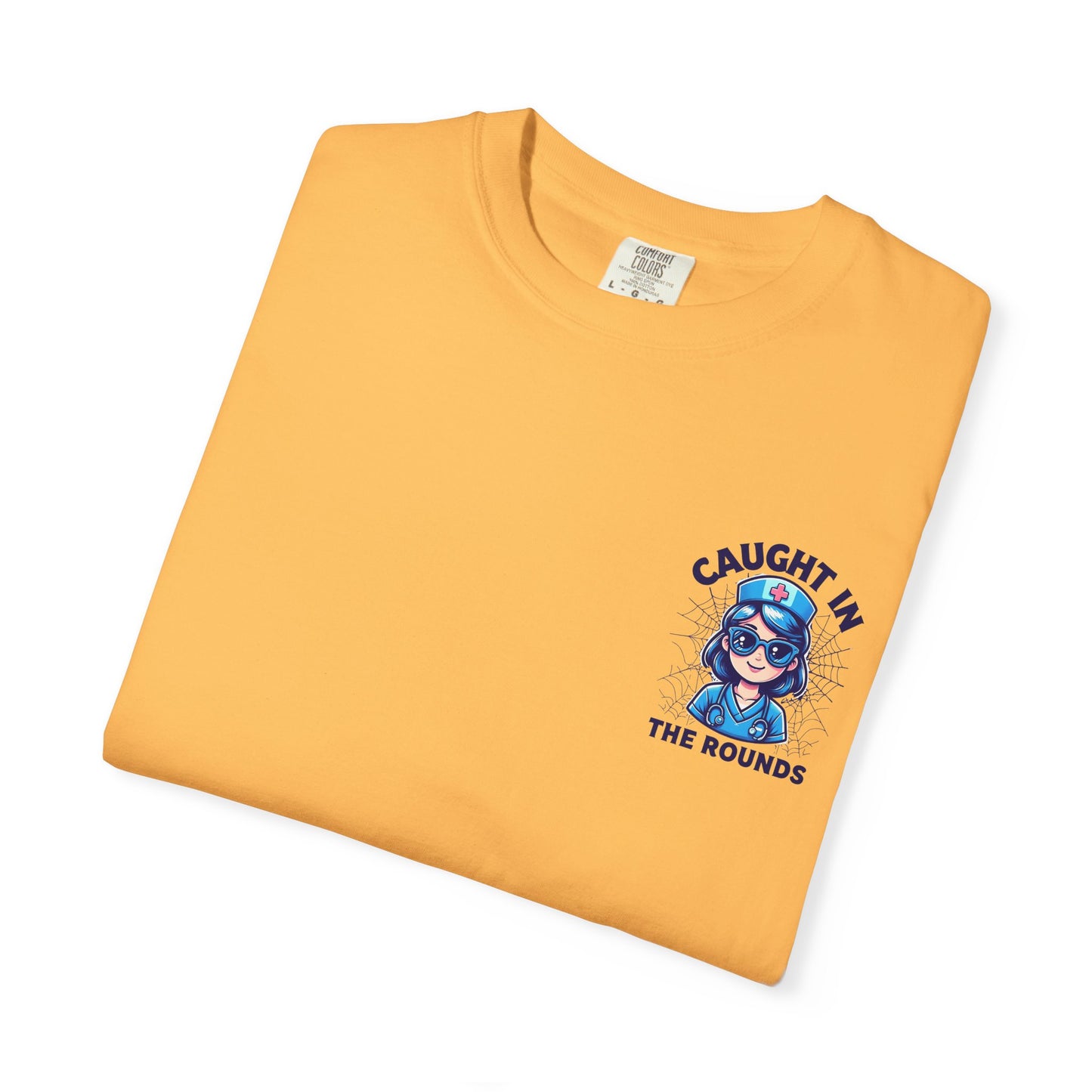 Unisex Graphic Tee - 'Caught in the Rounds', Casual Wear, Gift for Friends, Comfortable Everyday Tee, Fun Summer Shirt, Halloween Nurse