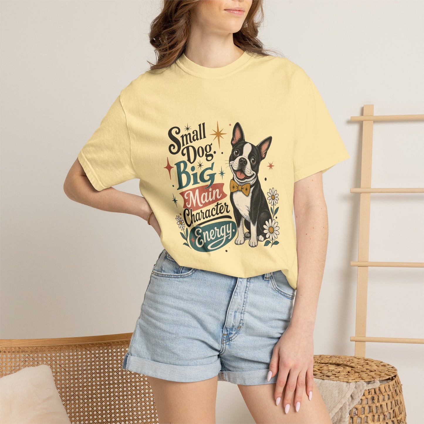 Small Dog Big Main Character Energy T-shirt | Boston Terrier Illustration
