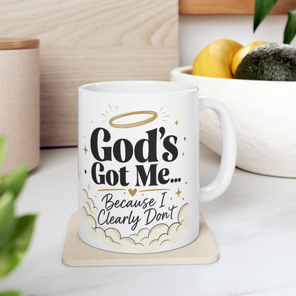 God's Got Me Mug | Religious Christian Coffee Cup with Halo & Clouds
