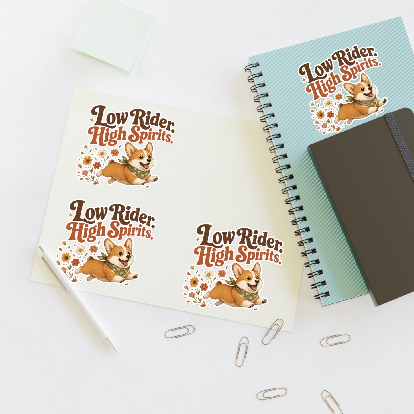 Low Rider High Spirits Corgi Sticker Sheet | Retro Floral Corgi Stickers
