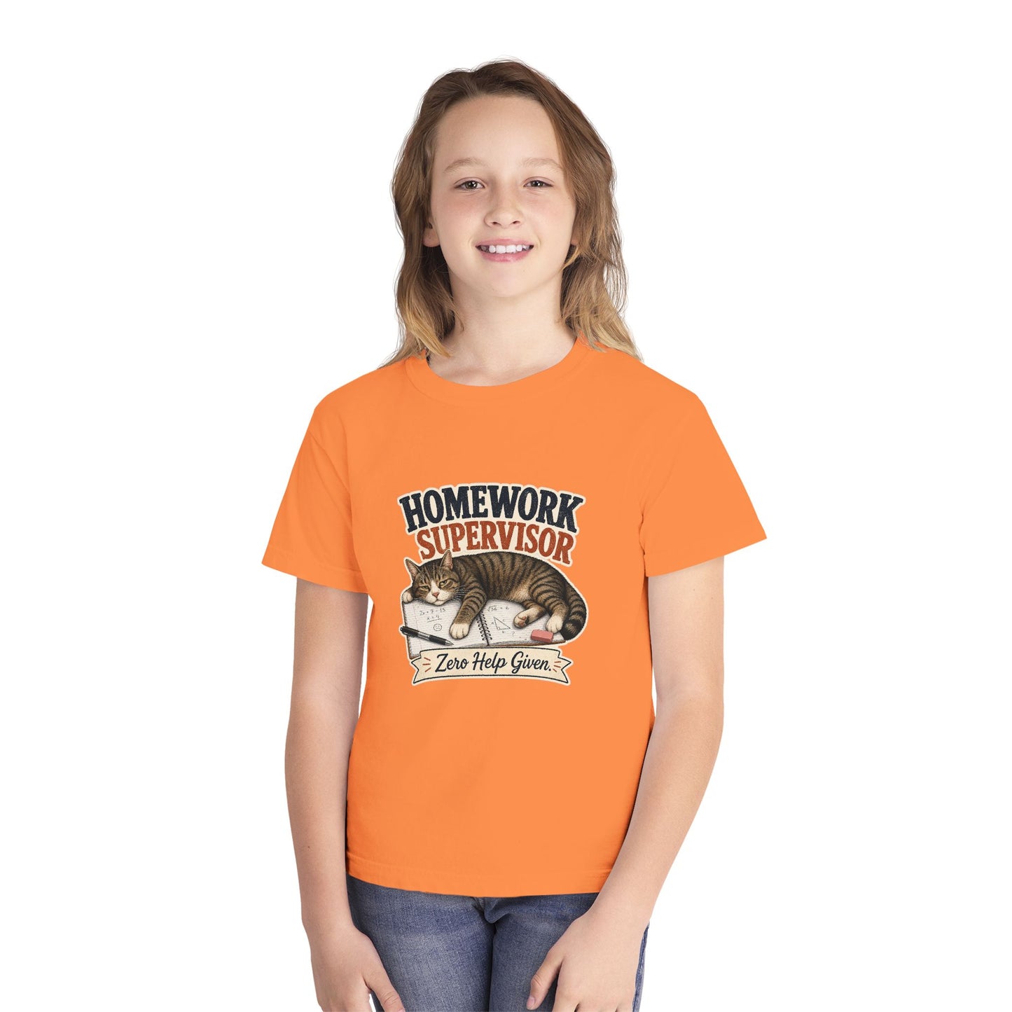 Homework Supervisor Cat Youth Tee | "Zero Help Given" retro kitten design
