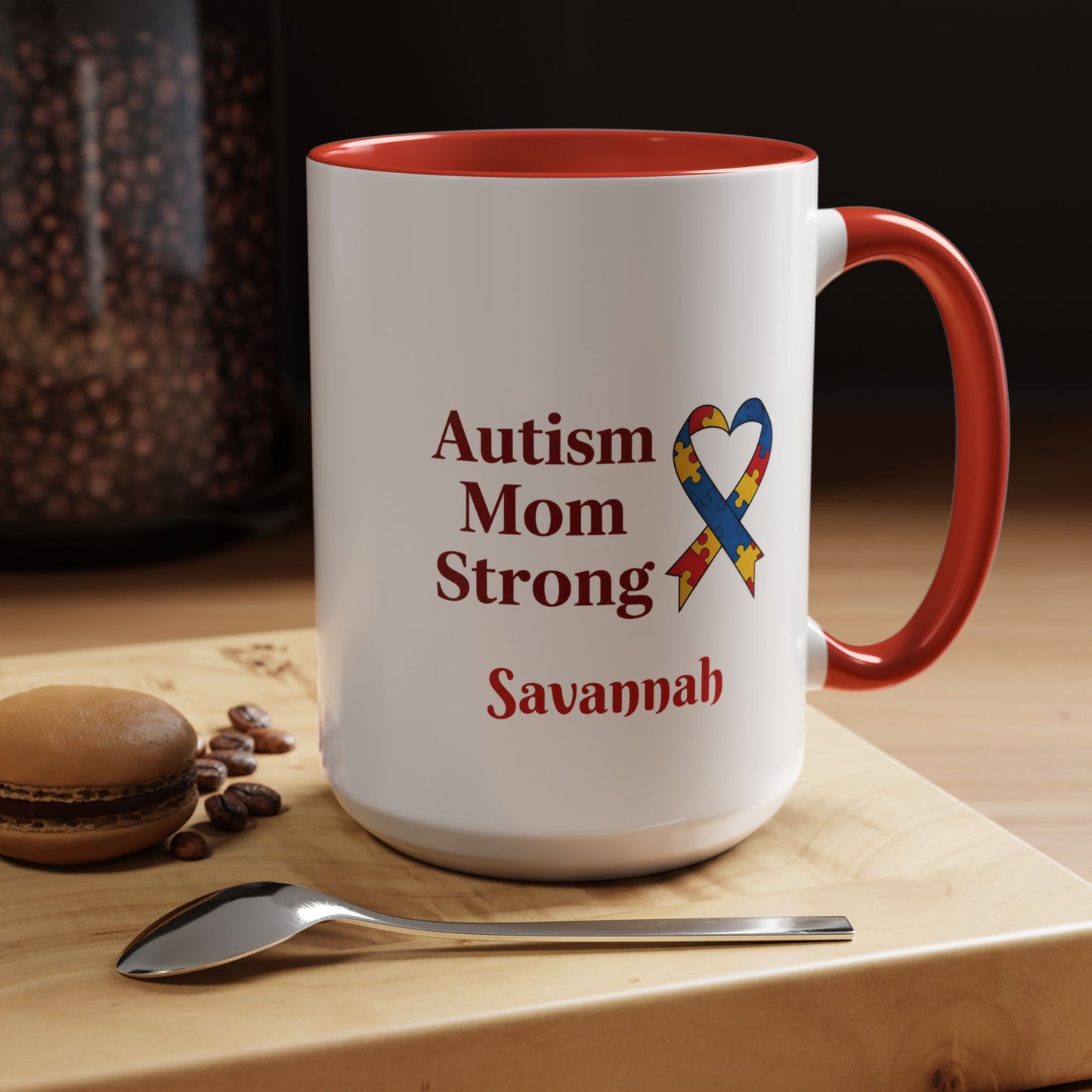 Autism Mom Strong mug | Accent Coffee Mug with Puzzle Ribbon