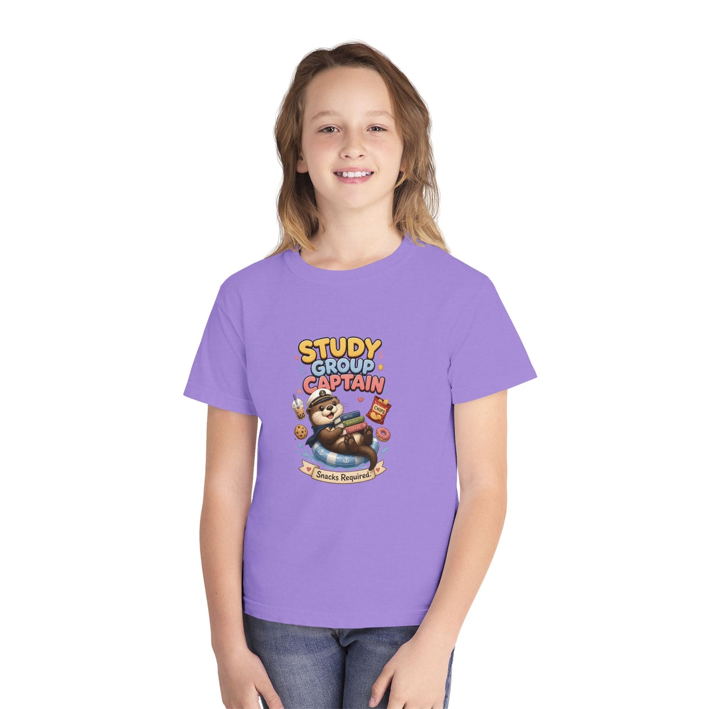 Study Group Captain Youth Tee | Sloth Studying Snacks Graphic