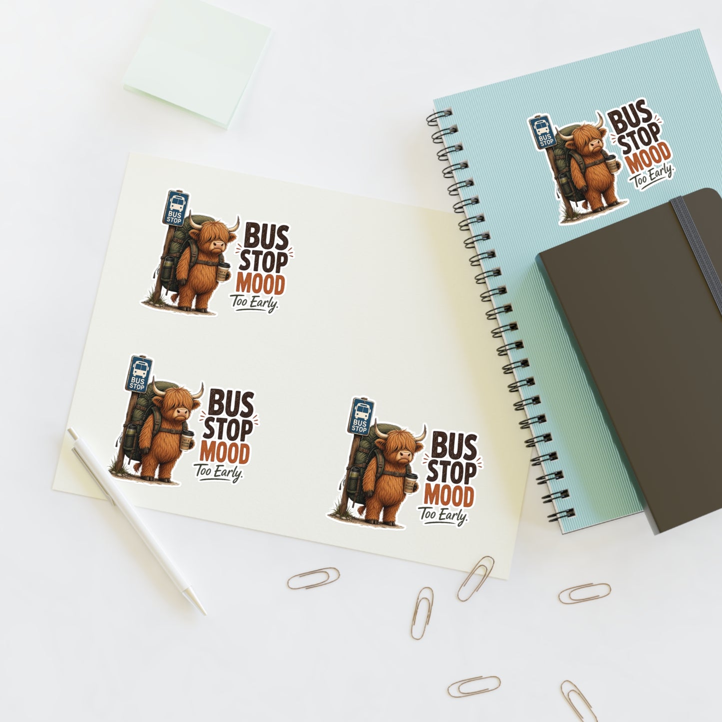 Bus Stop Mood Too Early Sticker Sheet | Highland Cow Sticker, Travel Coffee Decal