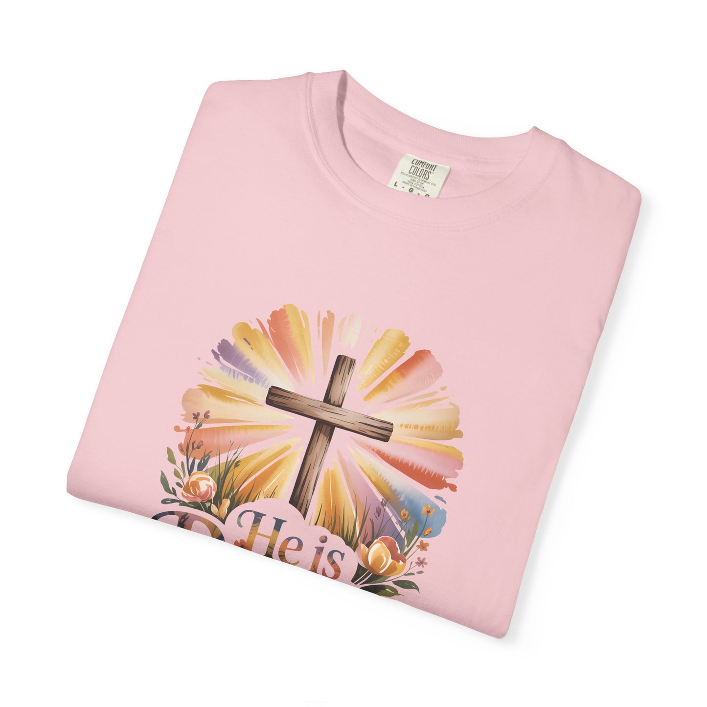 He Is Risen cross sunrise design T-Shirt | Easter faith floral