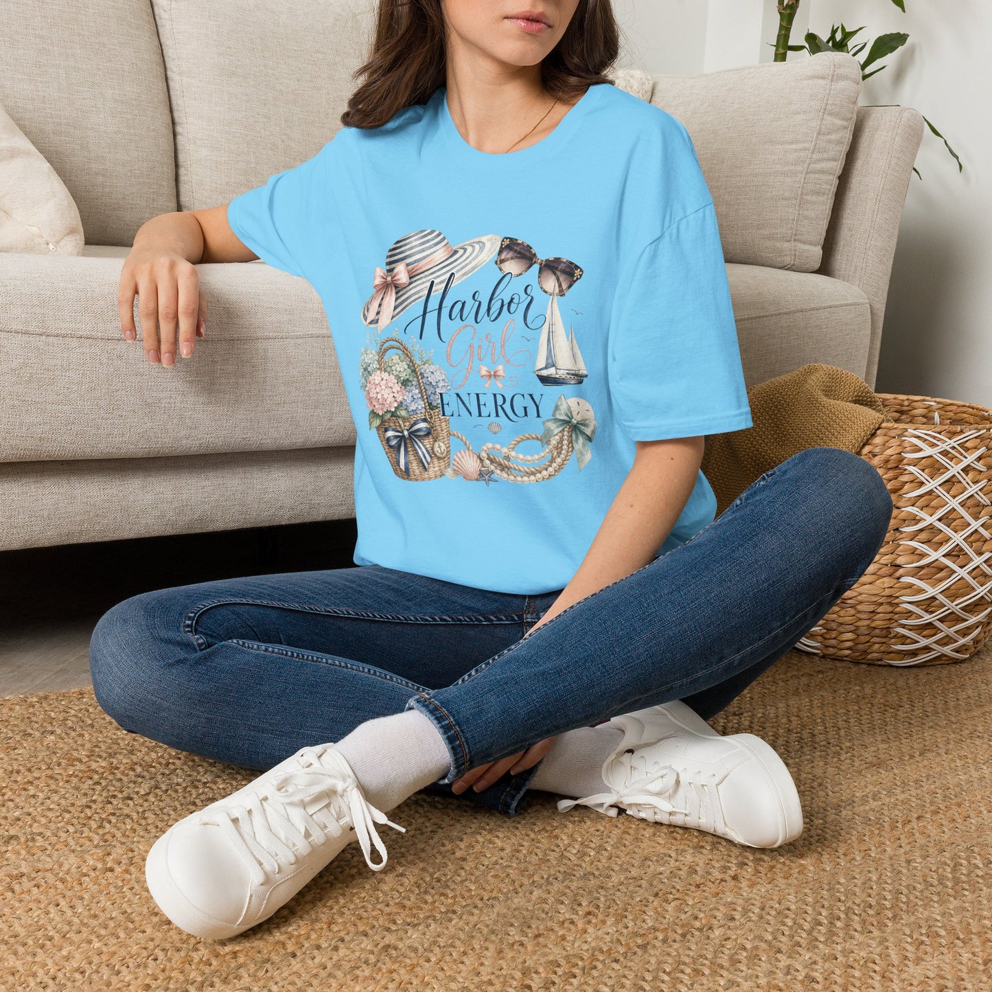 Harbor Girl illustration T-Shirt | Nautical hat, sailboat, seashells