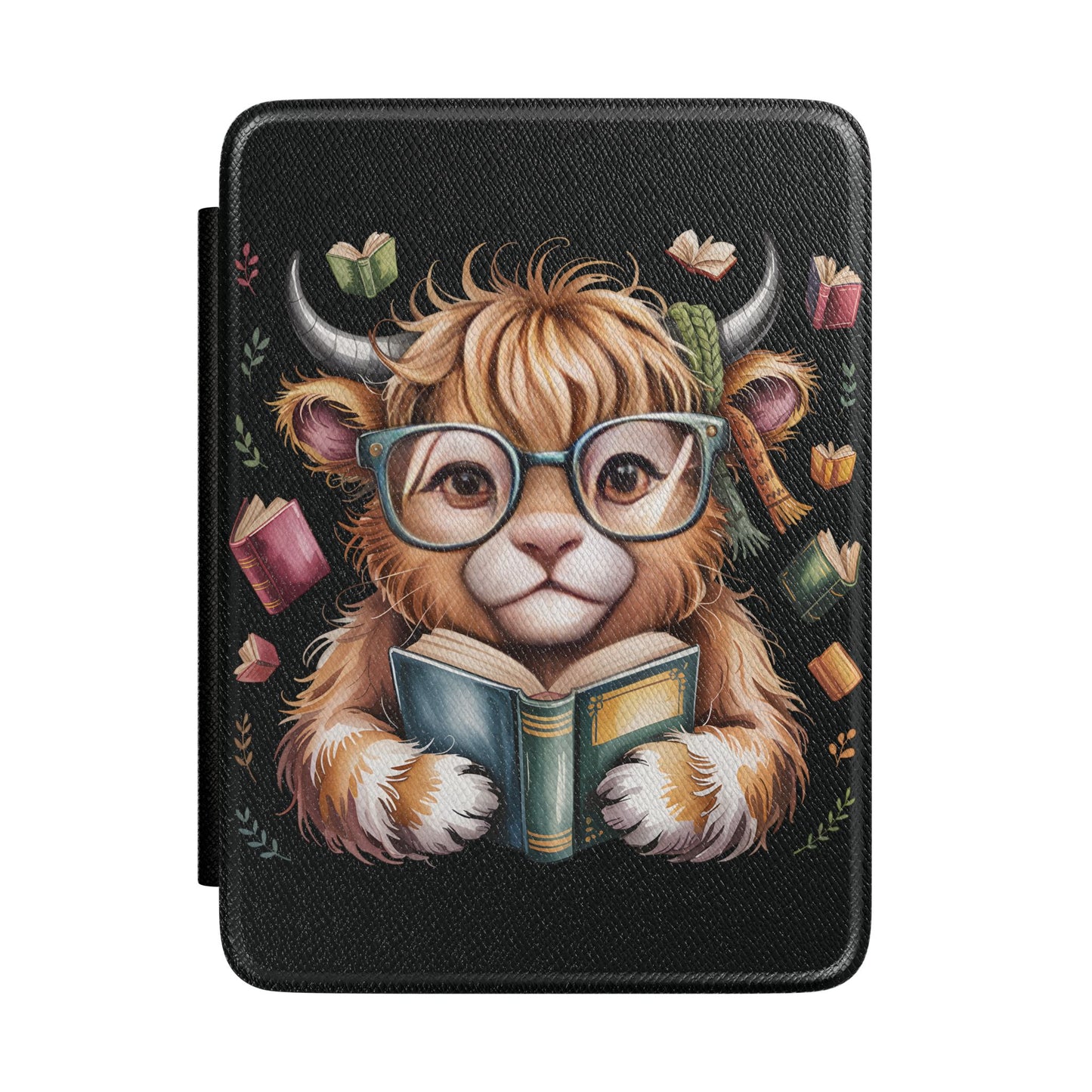 Bookish Highland Cow Kindle Case | Reading Glasses Illustration
