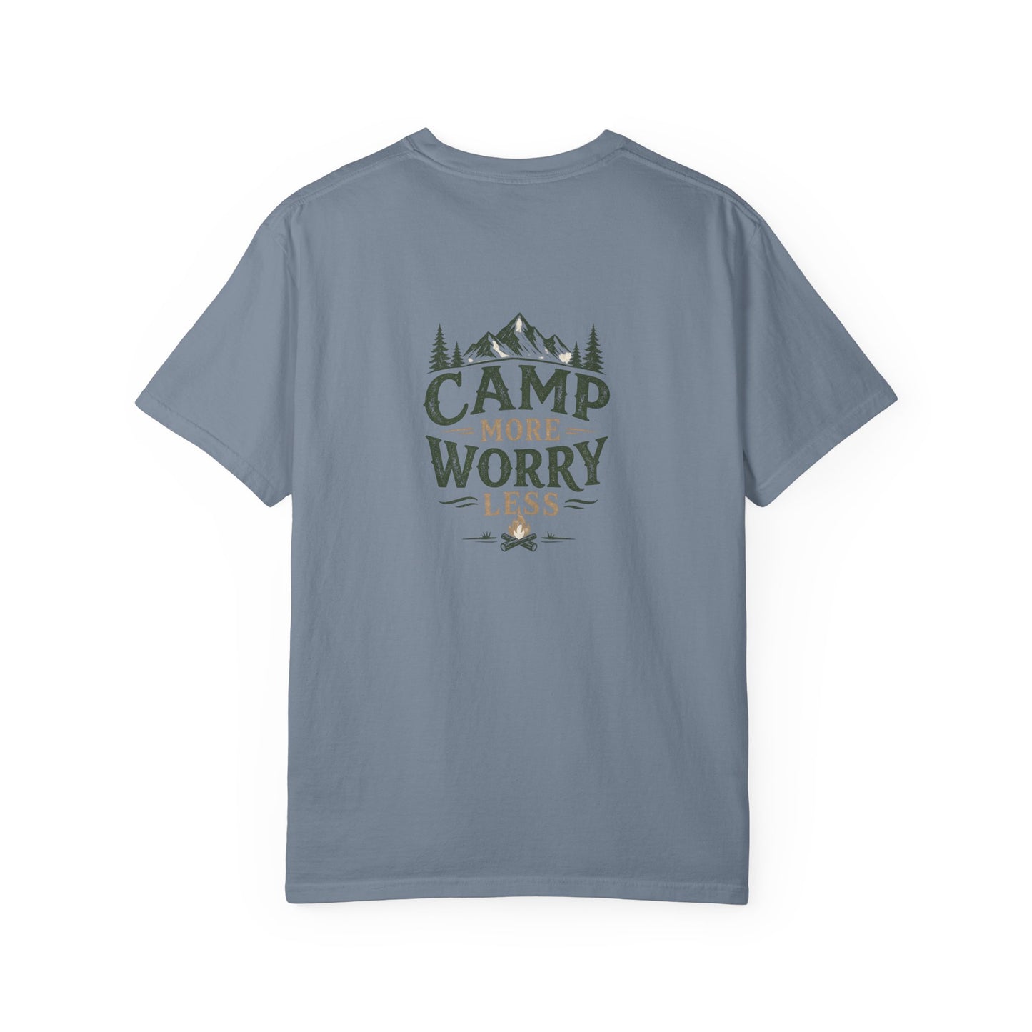 Camp More Worry Less T-shirt | Camping Mountains Pine Trees Design