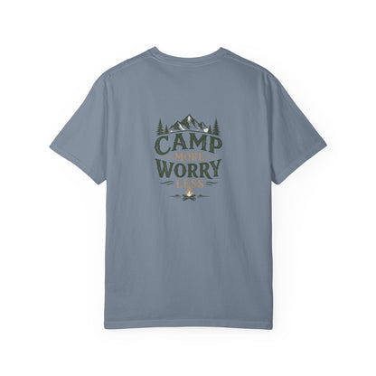 Camp More Worry Less T-shirt | Camping Mountains Pine Trees Design