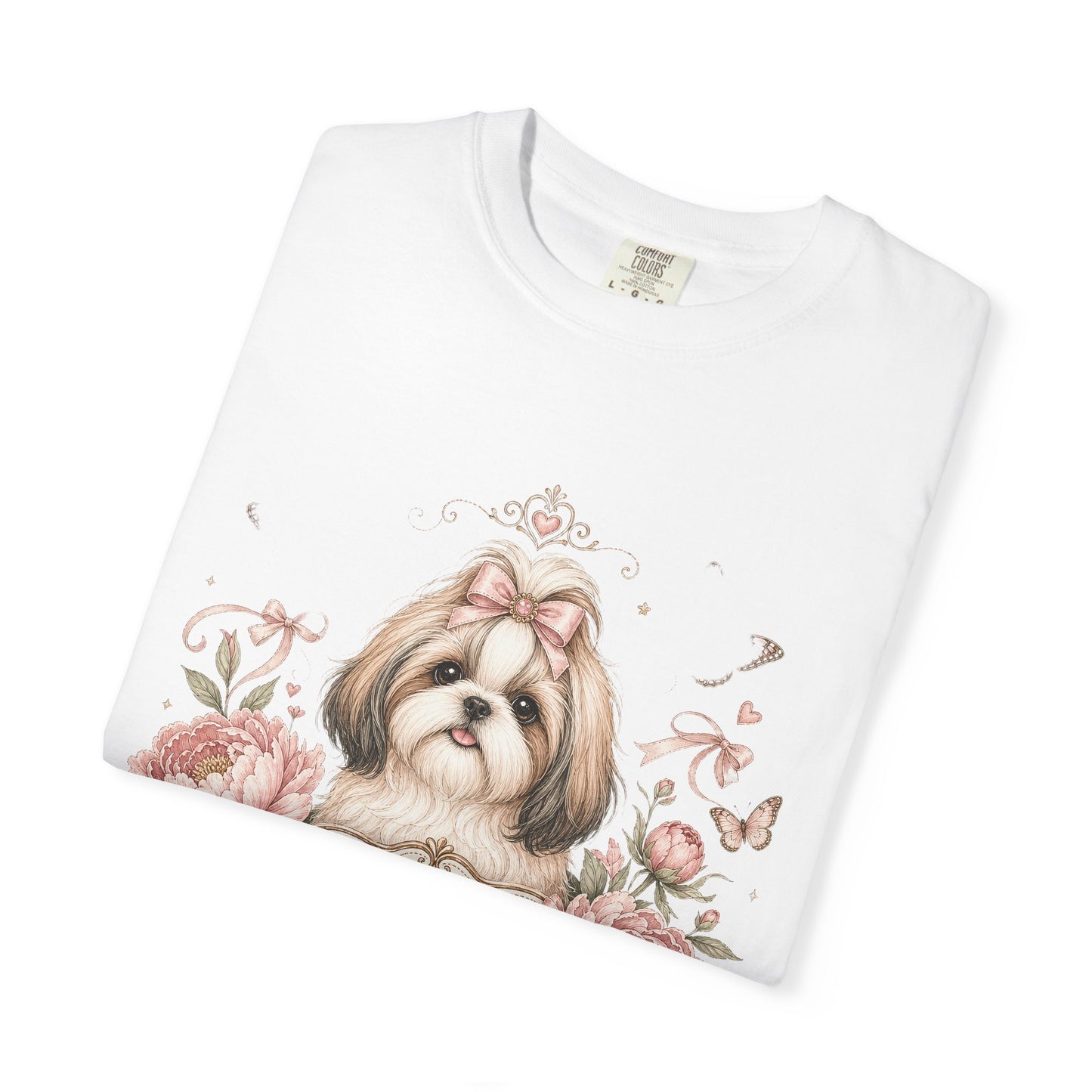 Shih Tzu Floral Portrait T-Shirt | Tiny Floof Illustration, Pink Roses