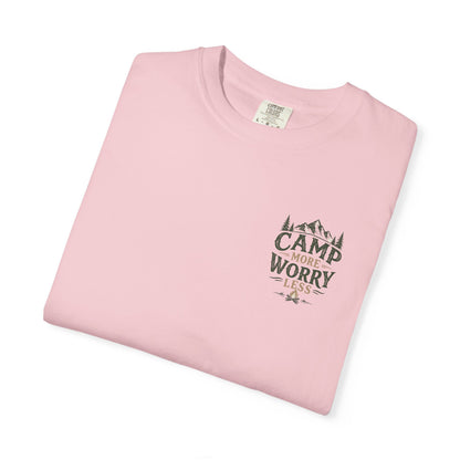 Camp More Worry Less T-shirt | Camping Mountains Pine Trees Design