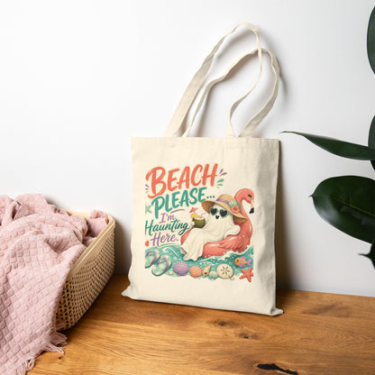 Beach Please Ghost Flamingo Tote Bag | Summer Beach Illustration, Personalized Option