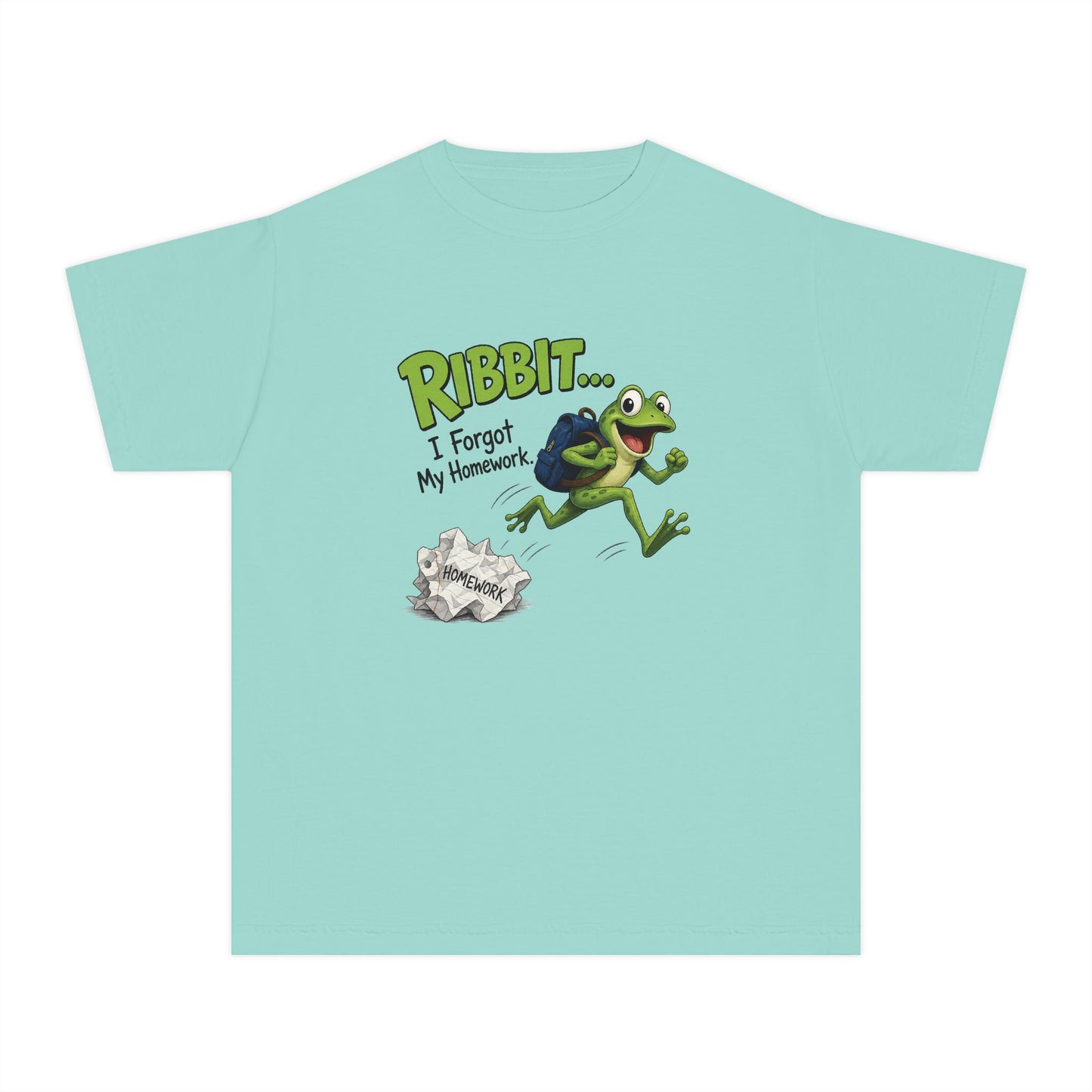Ribbit Frog Character Youth Tee | Funny Forgot My Homework Design