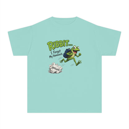 Ribbit Frog Character Youth Tee | Funny Forgot My Homework Design