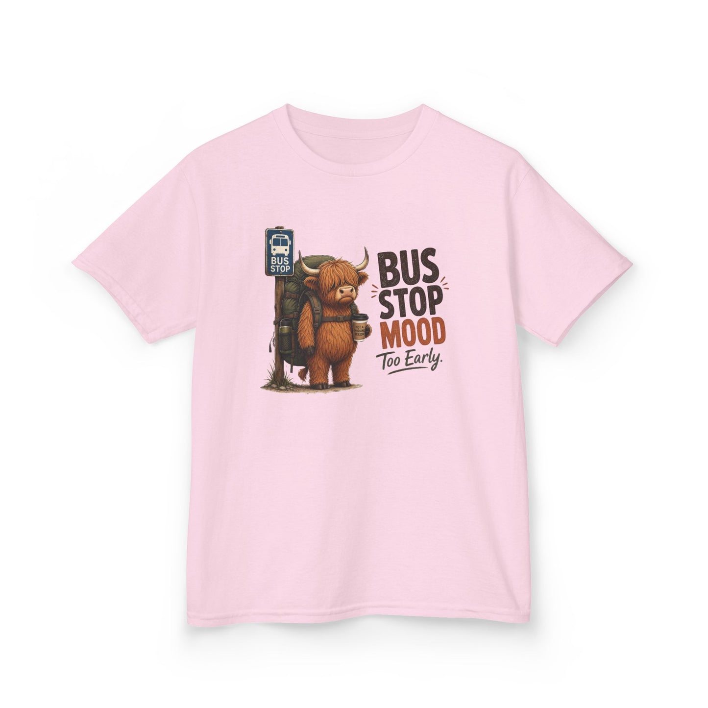 Bus Stop Mood Kids Tee | Grumpy Highland Cow Illustration, Funny Morning Shirt