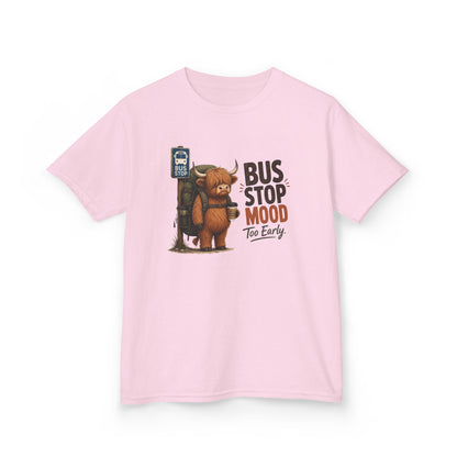 Bus Stop Mood Kids Tee | Grumpy Highland Cow Illustration, Funny Morning Shirt