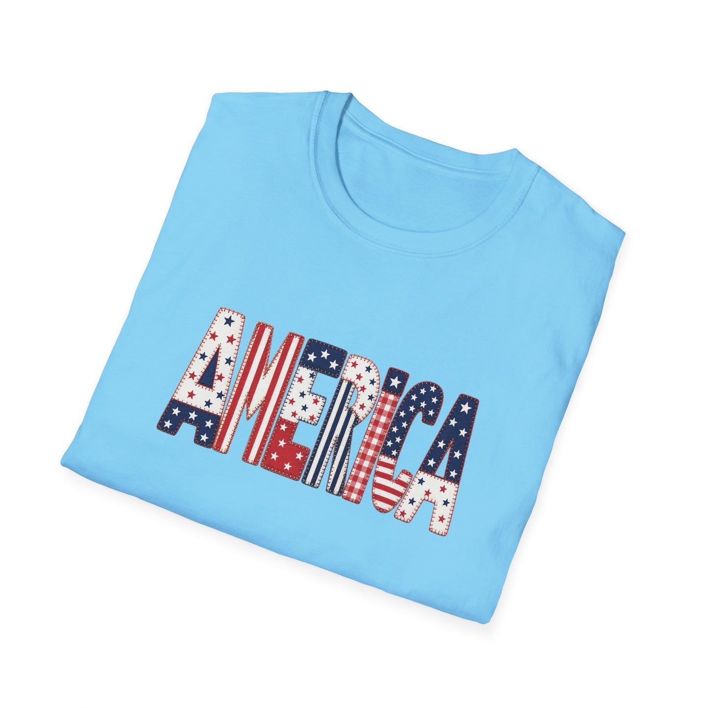 American Flag Patchwork Style Letters T-Shirt | Patriotic Fourth of July Tee